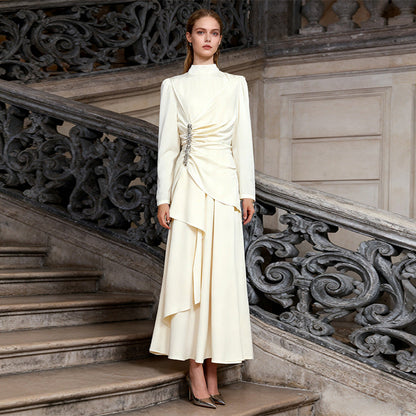 Elegant Palace Light Luxury Formal Dress Women Clothing Autumn Solid Color Diamond Pleated Long Sleeve Dress by Ragazza