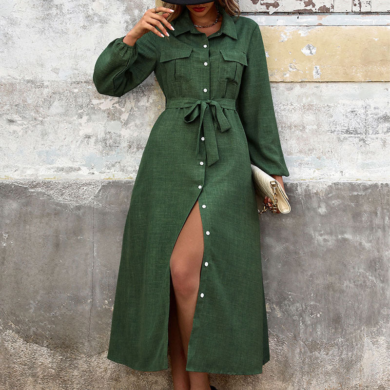 Fall Women Clothing Turn down Collar Green Long Sleeve Solid Color Dress  DestGlow
