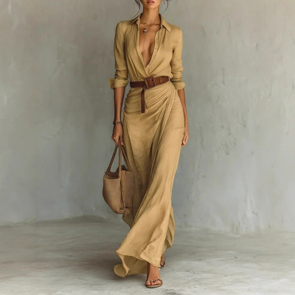 Women Clothing Autumn Elegant Graceful Sexy Solid Color Irregular Asymmetric Pleated Dress with Belt by Ragazza