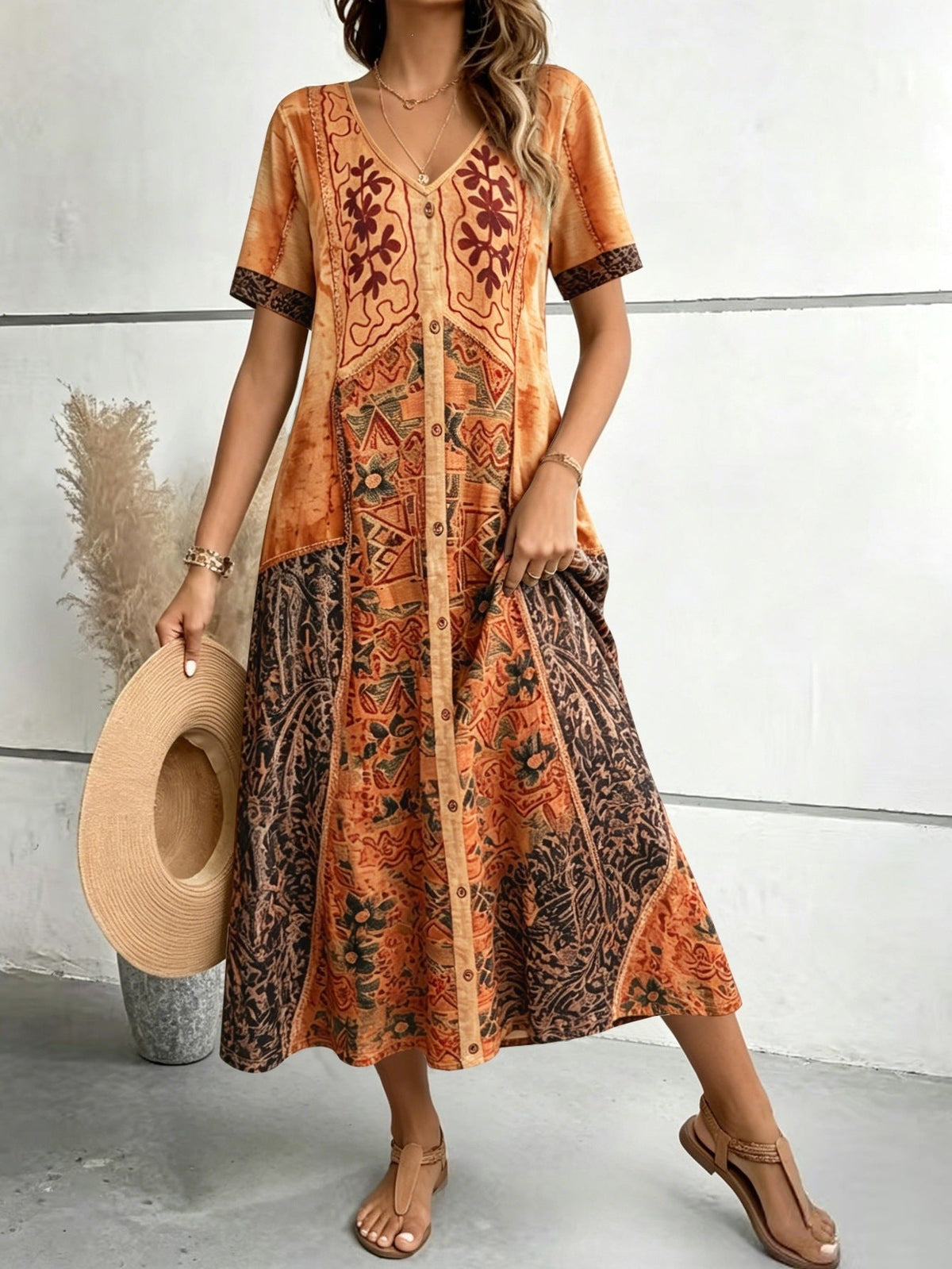 Summer Bohemian Stitching Printing Dress V neck Single Breasted A line Midi Dress  DestGlow