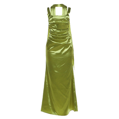 Spring Women Clothing Solid Color Square Collar Slim Fit Backless Pleated Dress by Ragazza