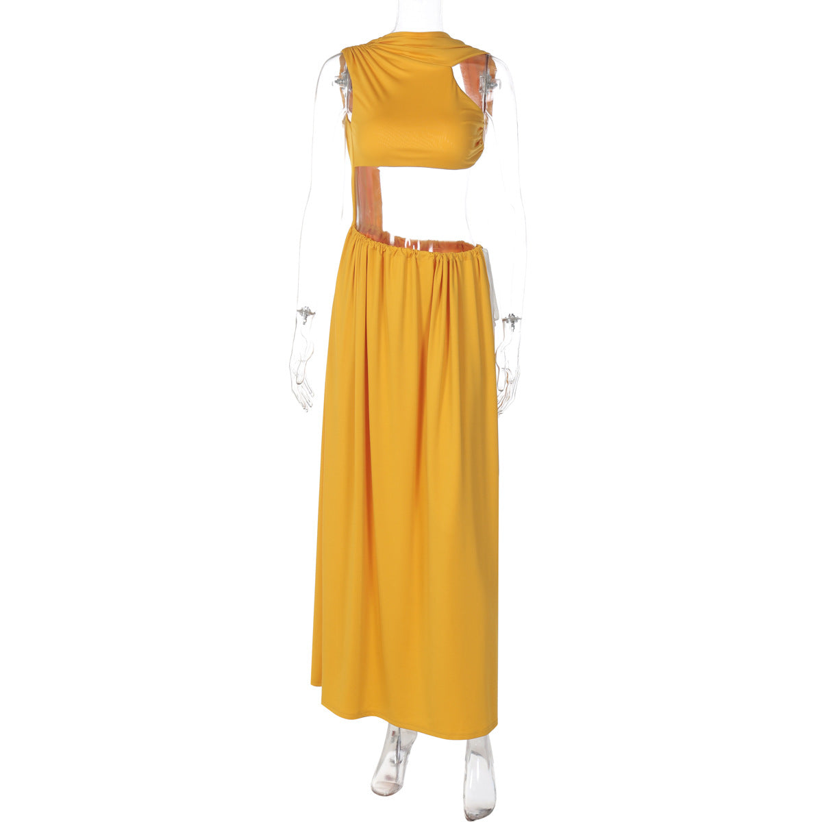 Fall Solid Color Hollow Out Cutout out Vest Stitching Cropped Side Tied Maxi Dress for Women by Ragazza