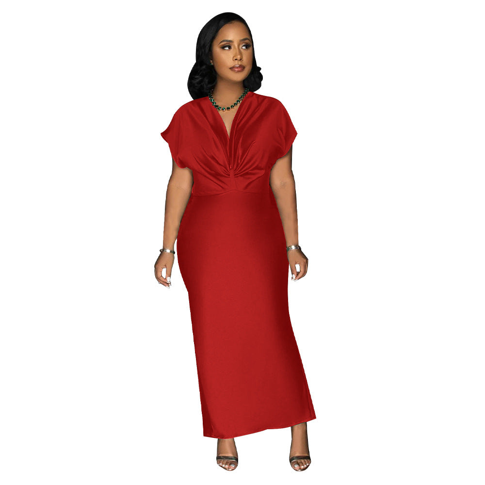 Women Wear V neck Short Sleeve Elegant Slim Back Slit Dress by Ragazza
