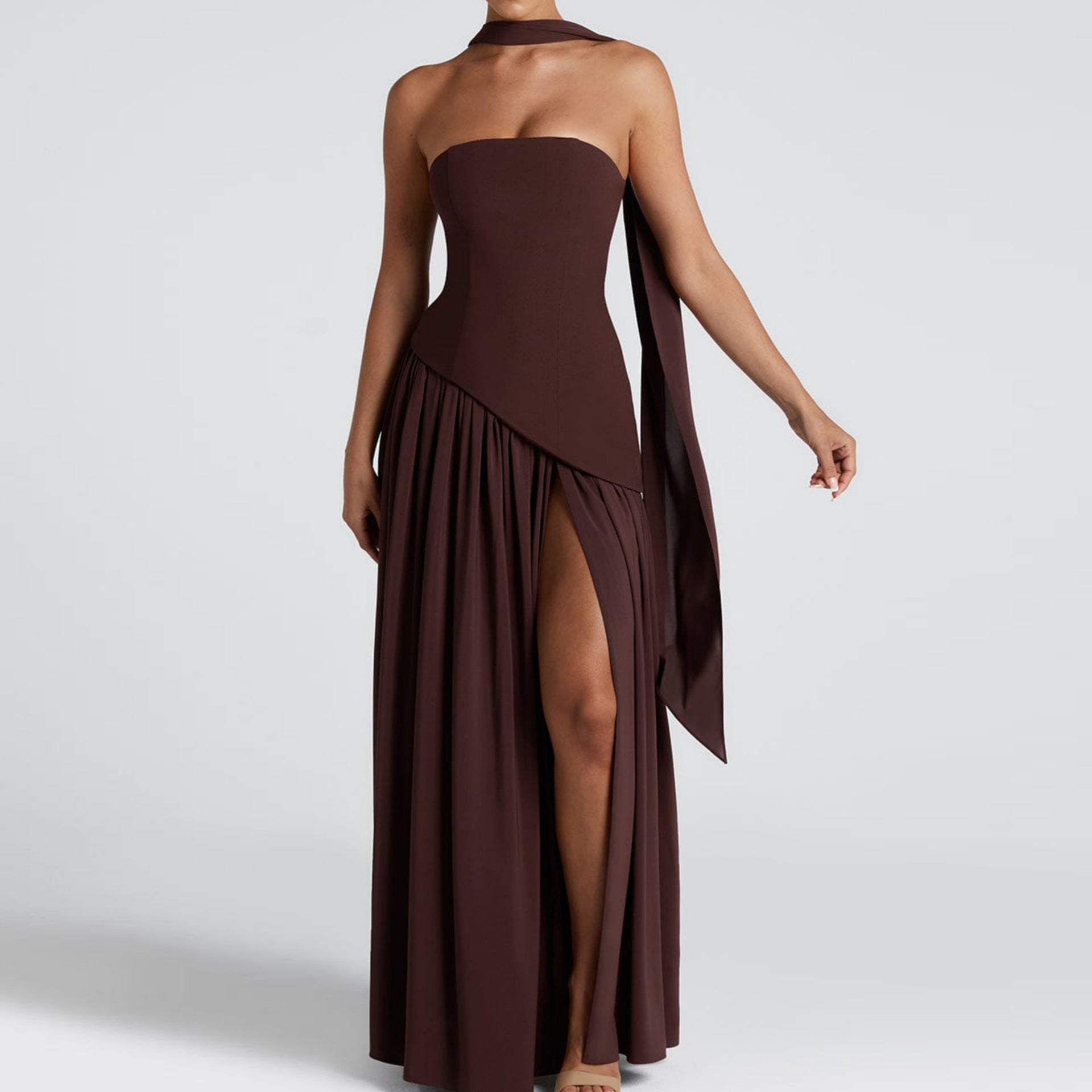 Summer Women Sexy Patchwork Backless Tube Top Solid Color Split Dress by Ragazza