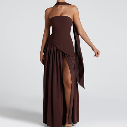 Summer Women Sexy Patchwork Backless Tube Top Solid Color Split Dress by Ragazza