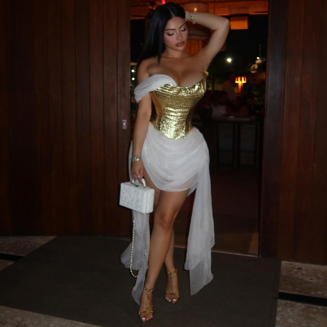 Spring Women Clothing Golden Bright Surface Mesh Stitching Ribbon Sexy Dress by Ragazza
