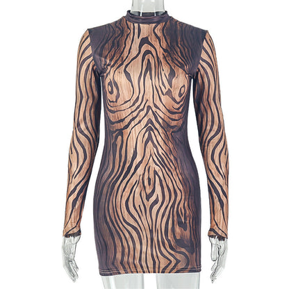Slim Fitting Women Color Matching Black Pattern Street Hip Sexy round Neck Long Sleeve Short Dress  DestGlow