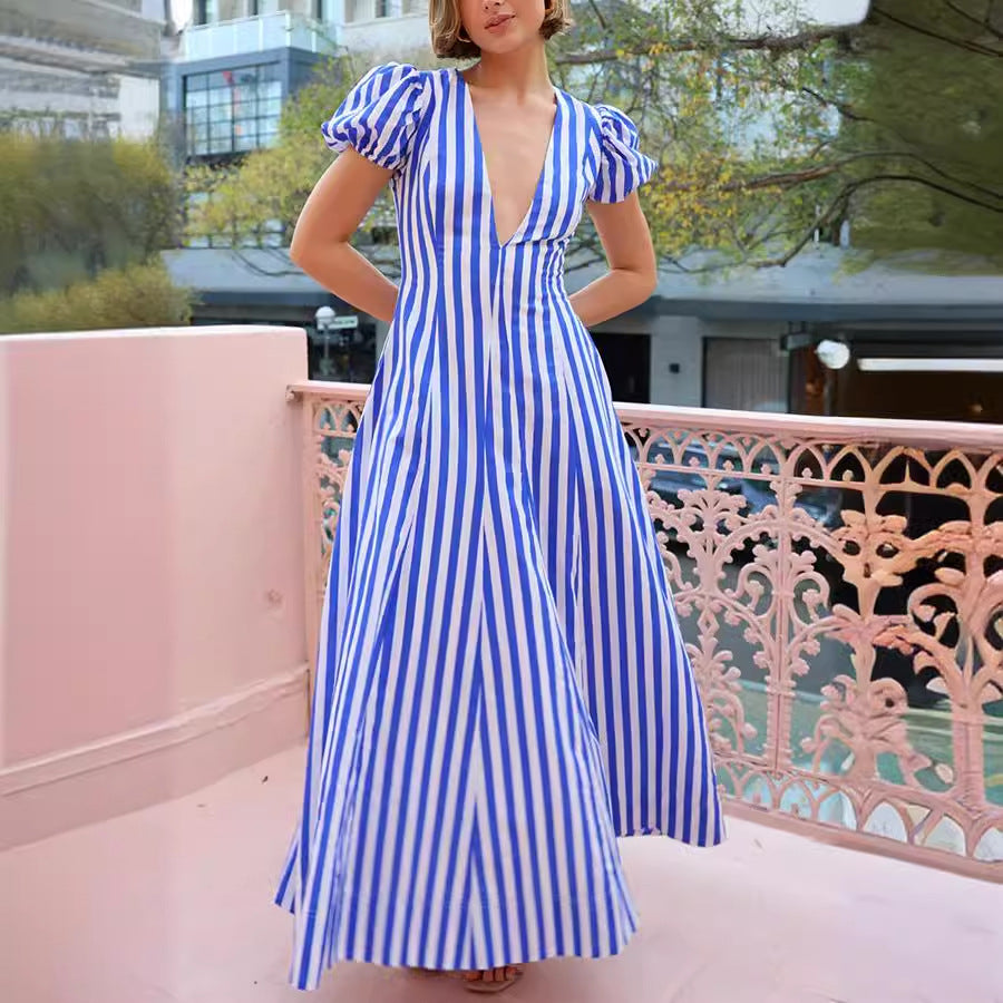Low Cut V neck Striped Puff Sleeve Large Swing Dress by Ragazza