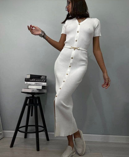 V neck Multi Breasted Dress Knitted Solid Color Slim Fit Short Sleeve Elegant Retro Long Knitted Hip Dress Women  DestGlow