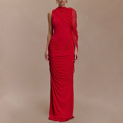 Fashionable Pleated Mesh Shawl Dress Sexy Sheath round Neck Slim Dress by Ragazza