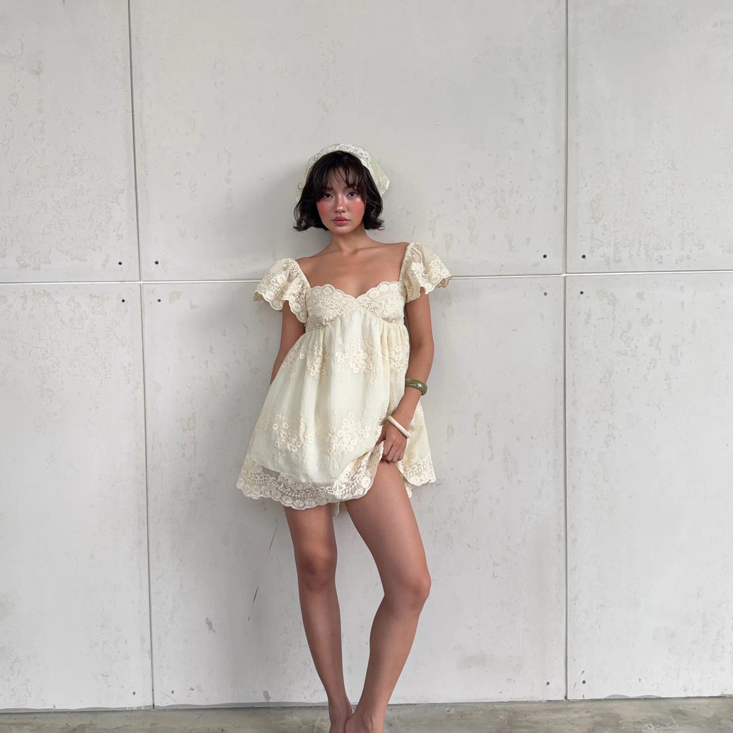 Women Clothing Summer Lace Embroidered Loose Puff Sleeves Sweet Elegance Dress  DestGlow