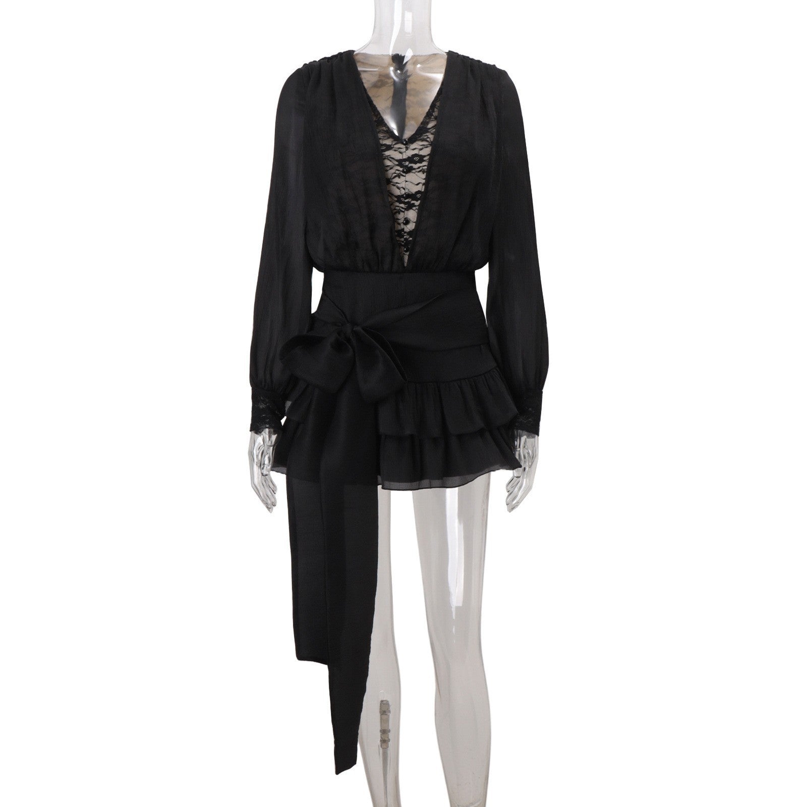 Autumn French Pure Lace Splicing Sexy V neck Long Sleeve Dress by Ragazza