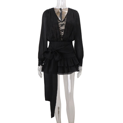 Autumn French Pure Lace Splicing Sexy V neck Long Sleeve Dress by Ragazza