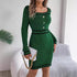 Autumn Winter Elegant Square Collar Button Long Sleeve Sweater Hip Dress Women Clothing by Ragazza