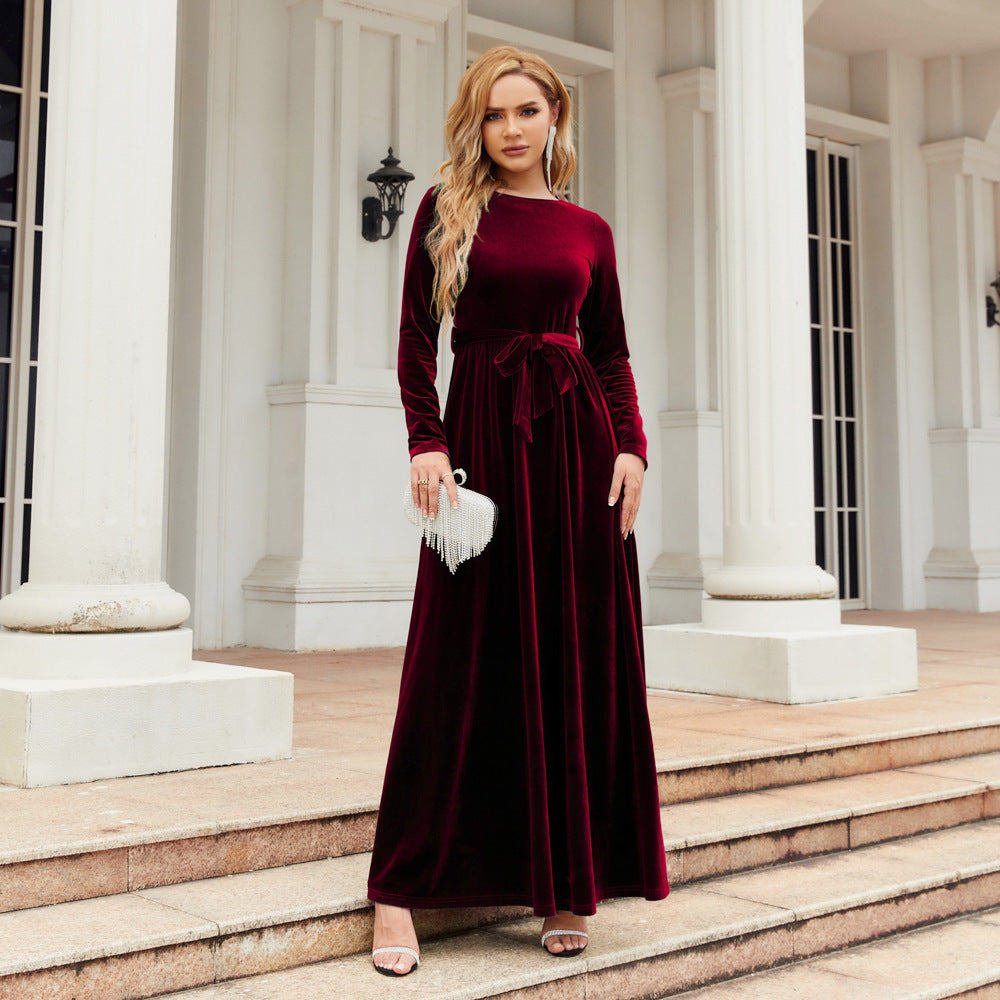 Autumn Winter Elegant Graceful Socialite Maxi Dress Gold Velvet Solid Color High Grade Dress by Ragazza
