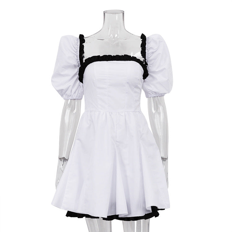 Black White Contrast Color Square Collar Puff Sleeve Sexy Backless Dress High Sense Women Clothing by Ragazza
