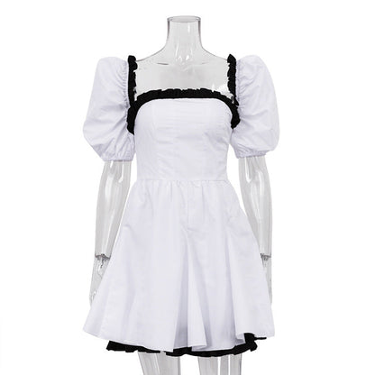 Black White Contrast Color Square Collar Puff Sleeve Sexy Backless Dress High Sense Women Clothing by Ragazza