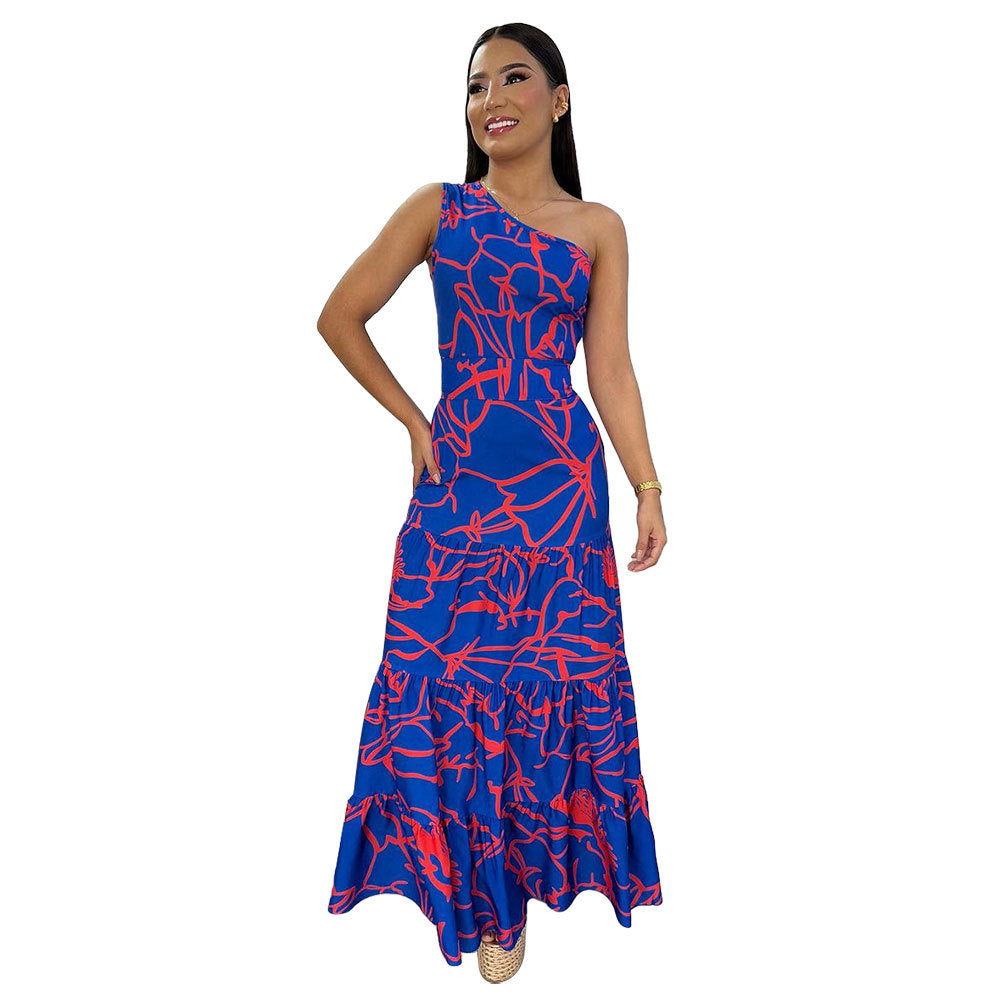 Sexy One Shoulder High Waist Wide Hem Printed Maxi Dress Women Dress by Ragazza