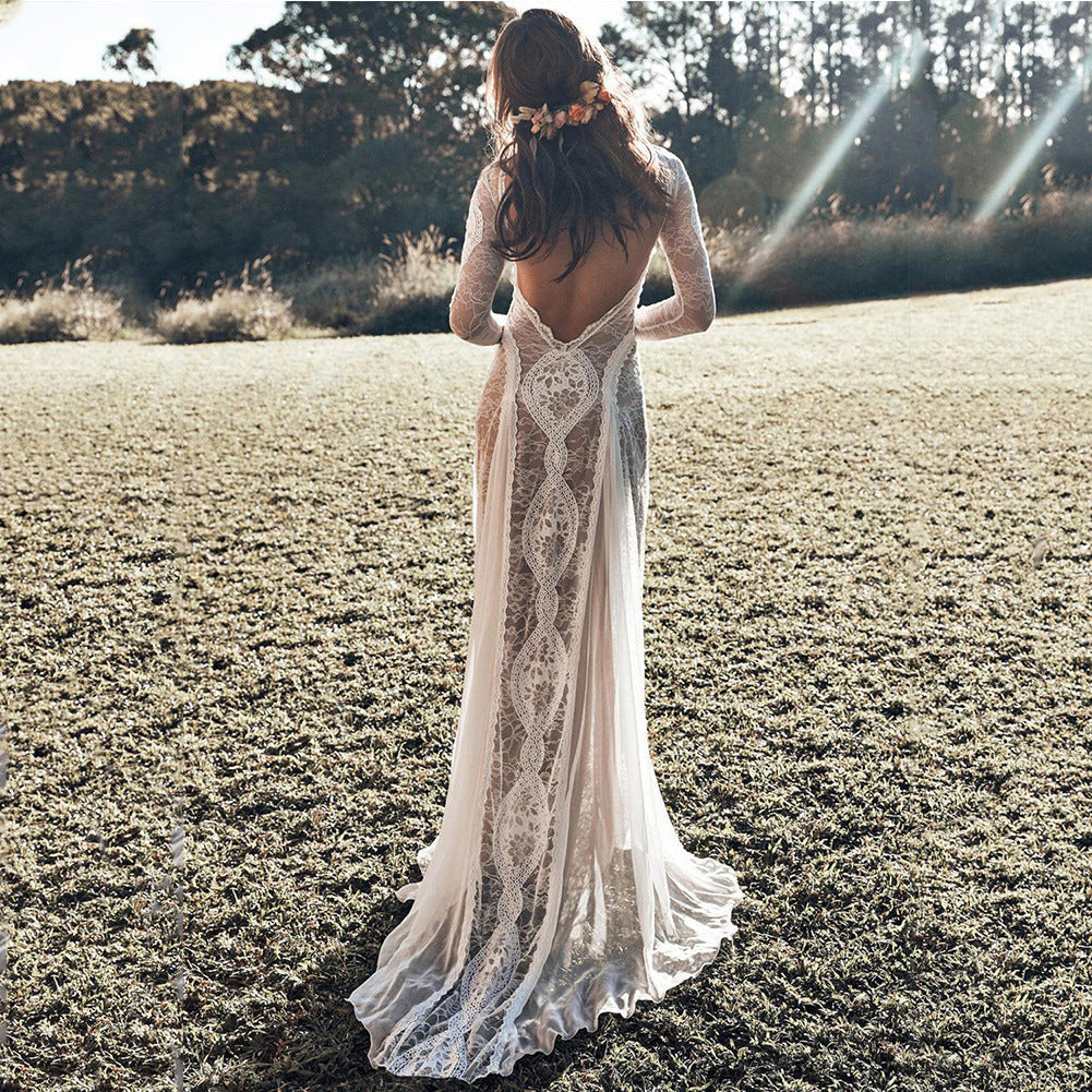 Spring Women Clothing Dress round Neck Long Sleeve Hollow Out Cutout Backless Lace Ladies Cocktail Wedding Dress by Ragazza