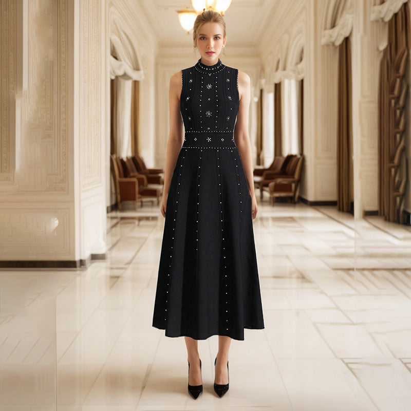 Elegant Spring Beads Rhinestones round Neck Sleeveless Waist Slimming Slim Fit A line Dress by Ragazza