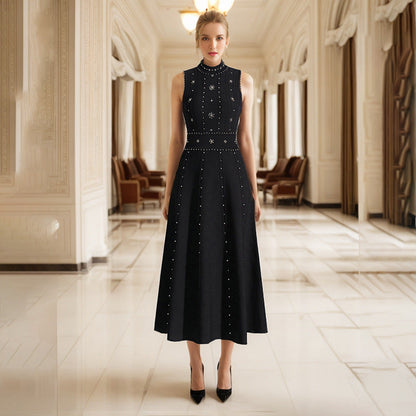 Elegant Spring Beads Rhinestones round Neck Sleeveless Waist Slimming Slim Fit A line Dress by Ragazza