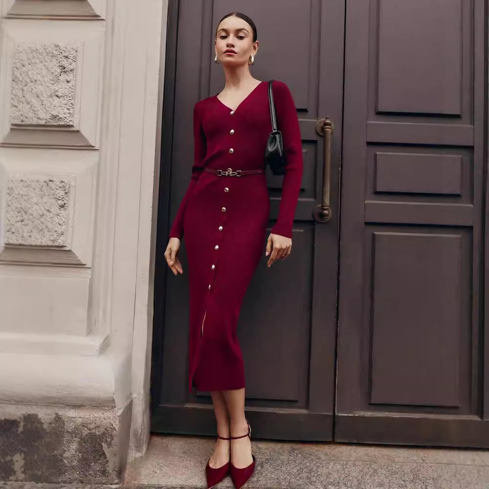 Autumn Winter Long Sleeve Knitted Dress Button Split Russia Hip Wrapped Sweater Cardigan Dress No Belt by Ragazza
