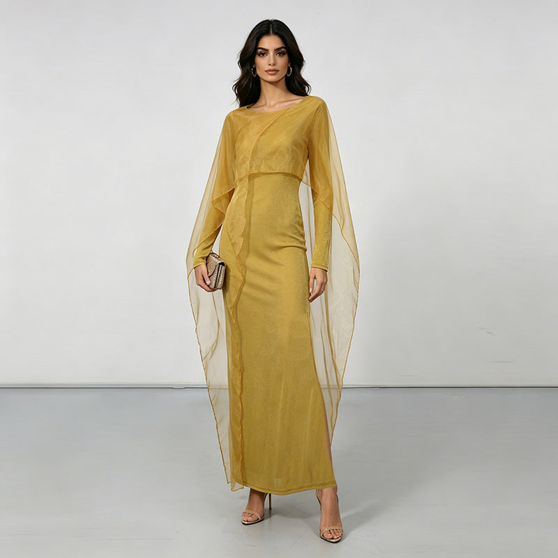 Elegant Graceful Dress Autumn Niche round Neck Mesh Stitching Solid Color High Waist Maxi Dress  DestGlow