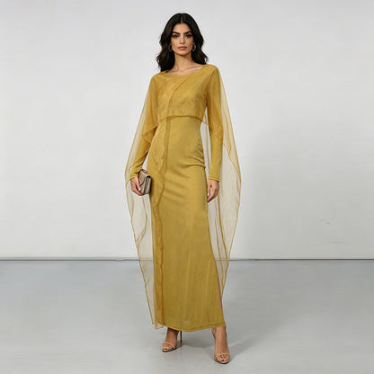 Elegant Graceful Dress Autumn Niche round Neck Mesh Stitching Solid Color High Waist Maxi Dress  DestGlow