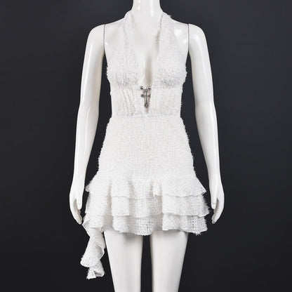 Women Clothing Dress V neck Hollow Out Cutout Pettiskirt Neck Strap Backless Fine Wool Dress by Ragazza