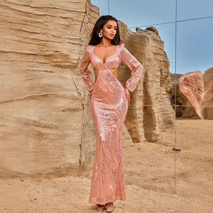 Women Evening Dresses Long Sleeve Beauty V neck Sexy Backless Dress Long Sequined Women Clothing Dress by Ragazza