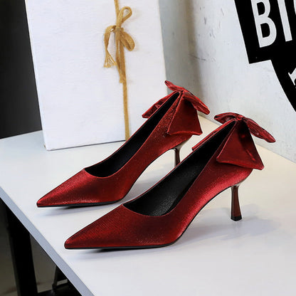 Cocktail Stiletto Heel Satin All Match Bow Pointed Toe Low Cut Shoes Classy High Heels Women  DestGlow