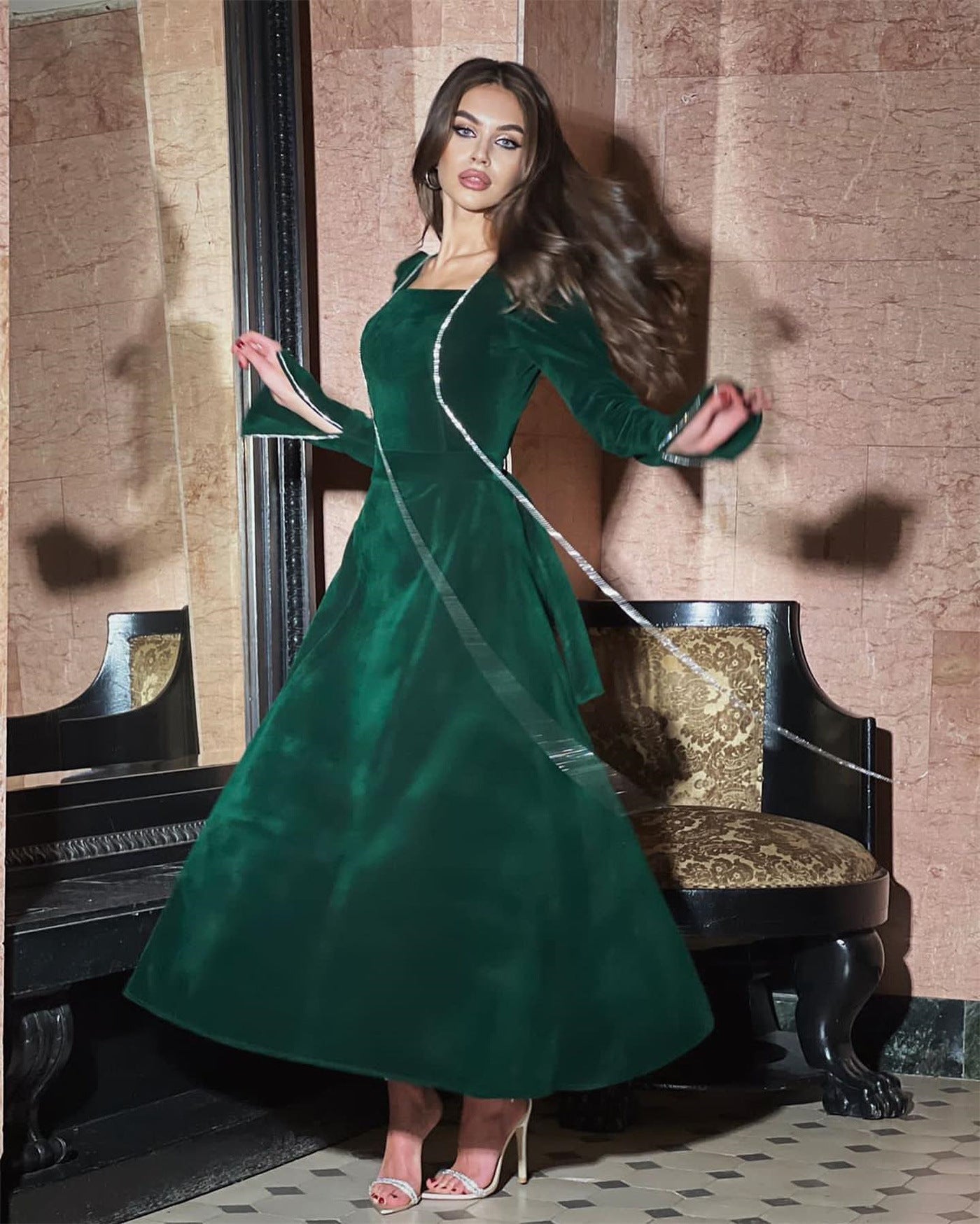 Autumn Winter Party Dress French Ladies Dress Korean Velvet Bell Sleeve Square Collar A line Dress Women by Ragazza