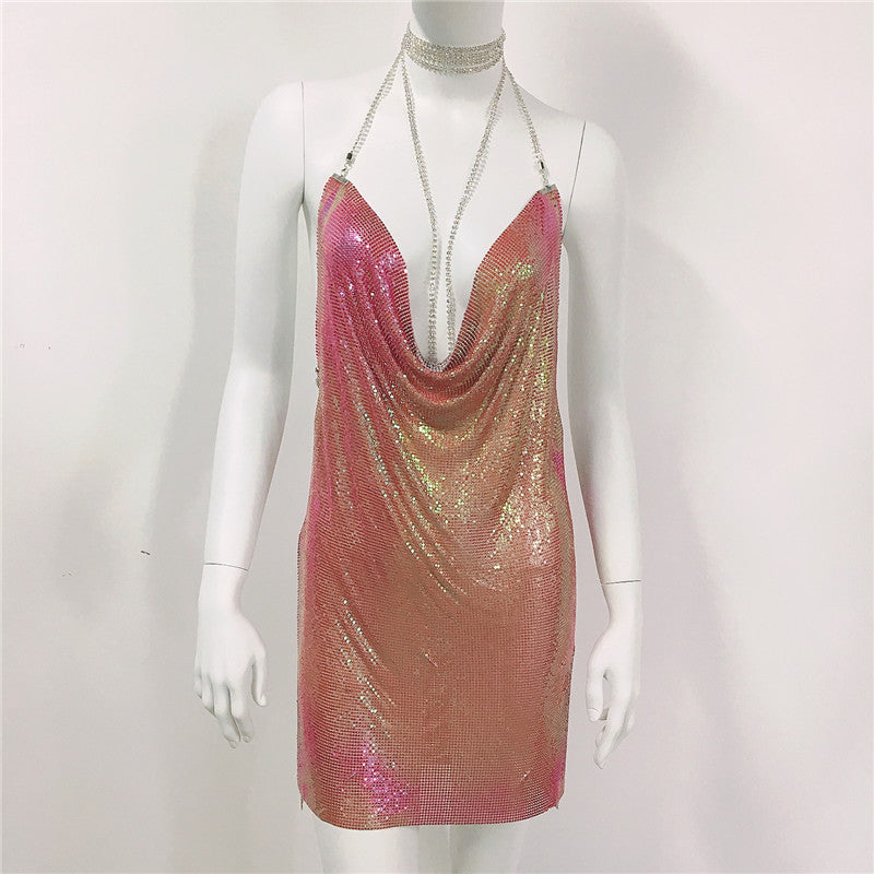 Metallic Coated Fabric Women Clothing Metal Sequ Dress Sexy Sweet Spicy Dress Rhinestone Cami Dress Women by Ragazza