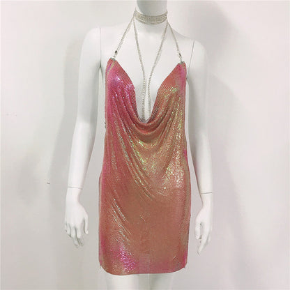 Metallic Coated Fabric Women Clothing Metal Sequ Dress Sexy Sweet Spicy Dress Rhinestone Cami Dress Women by Ragazza