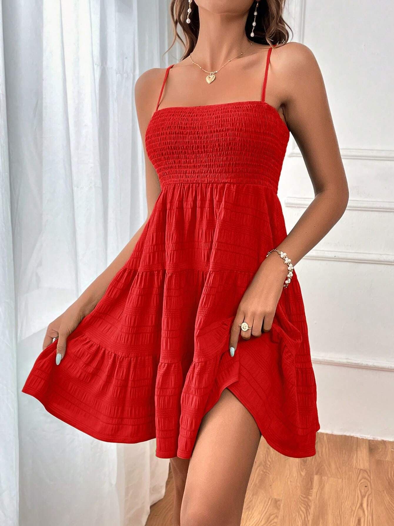 Women Clothing Summer off Neck Camisole Solid Color All Matching Texture Dress by Ragazza
