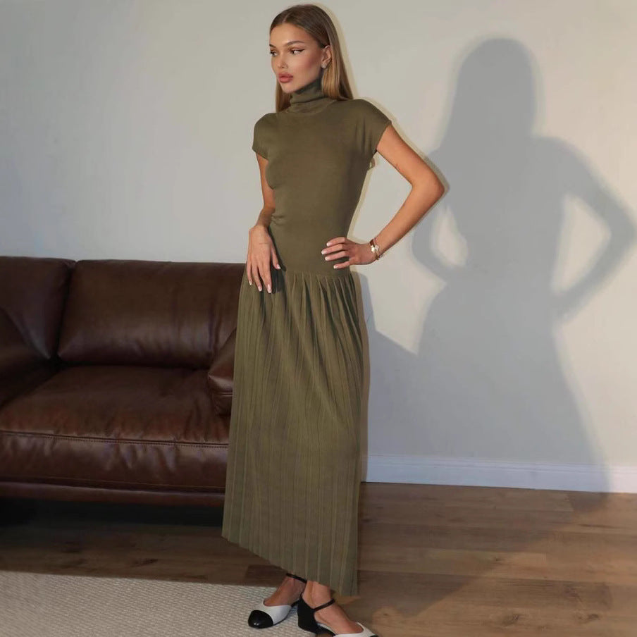 Knitted Dress Casual Waist Tight High Neck Ribbing Pleated Slim Knitted Dress Women by Ragazza