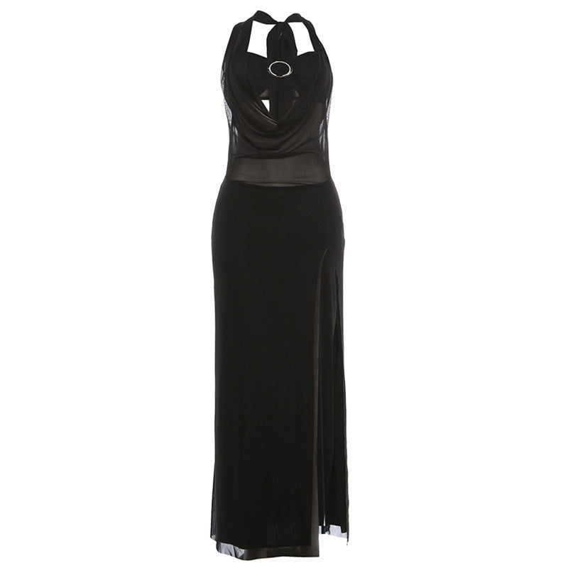 Women Clothing Autumn Sexy Mesh Stitching Halter Slim Fit Bandage Backless Dress by Ragazza