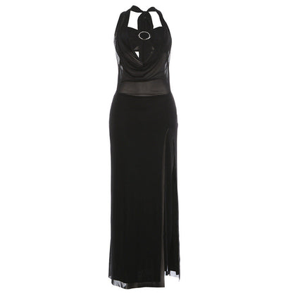 Women Clothing Autumn Sexy Mesh Stitching Halter Slim Fit Bandage Backless Dress by Ragazza