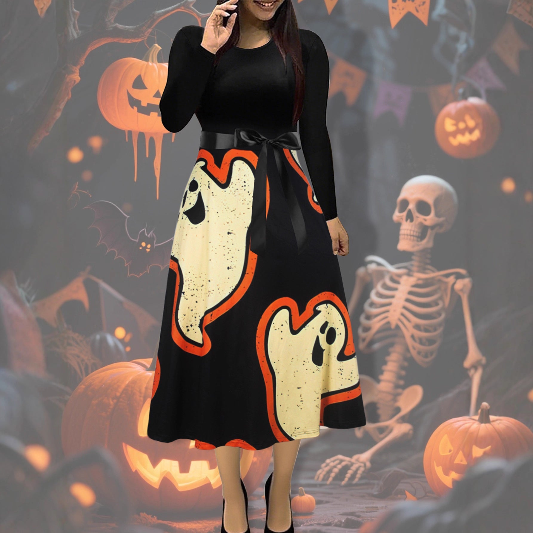 Women Clothing with Bowknot Halloween Dress Long Sleeve round Neck Holiday Princess Dress by Ragazza