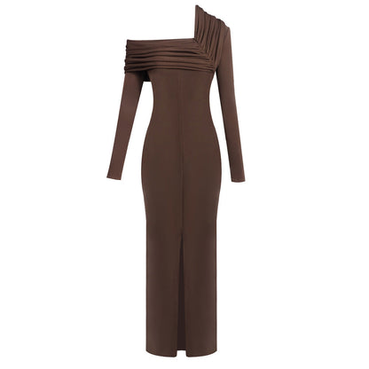 Spring Dark Brown One Shoulder Dress Pleated High Slit Maxi Dress the Dinner Party Host  DestGlow