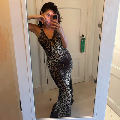 Sexy Party Formal Dress Leopard Print Backless Halter Tied V neck Dress by Ragazza