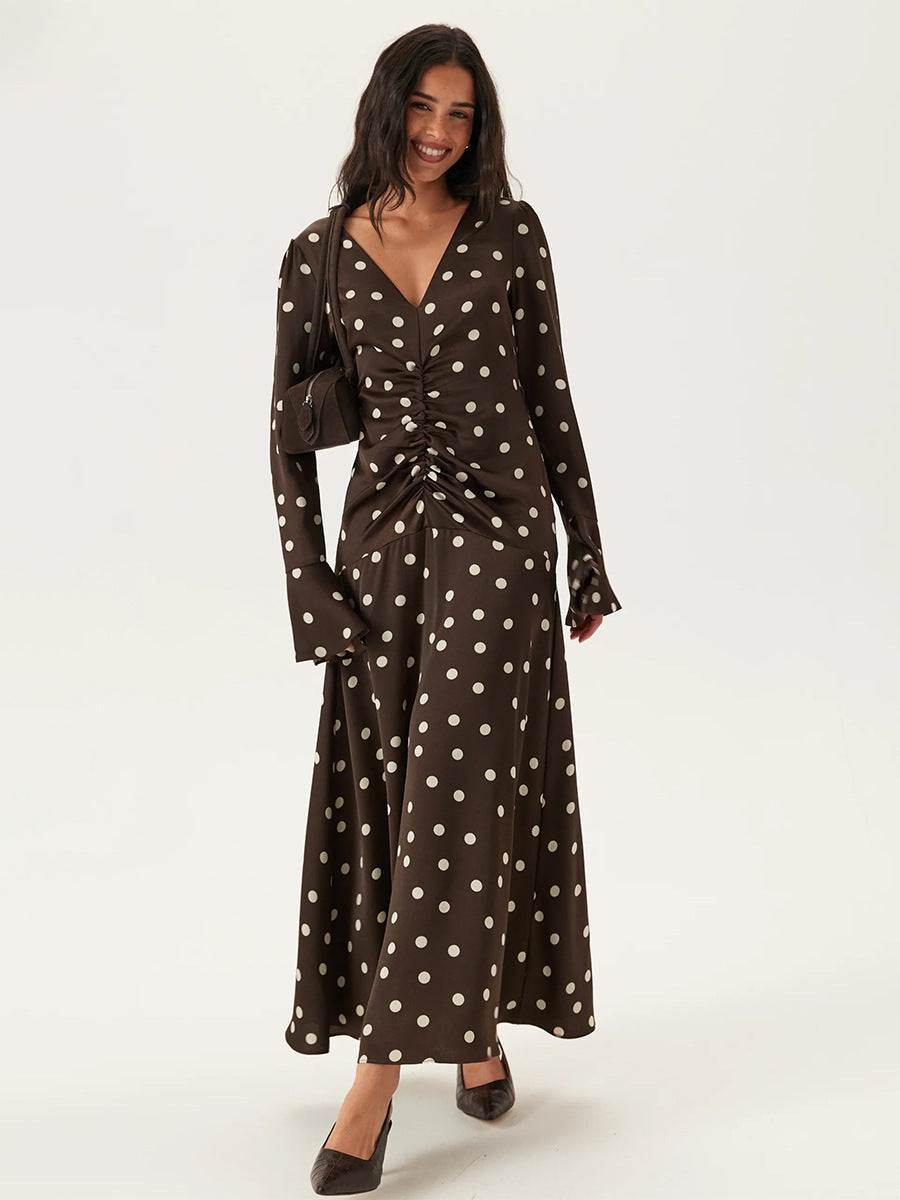 Polka Dot Long Sleeve Dress Summer Women Pleating V neck Flared Sleeves Waist Dress by Ragazza