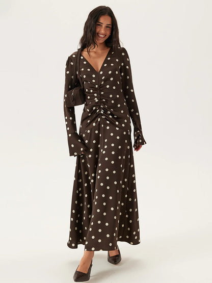 Polka Dot Long Sleeve Dress Summer Women Pleating V neck Flared Sleeves Waist Dress by Ragazza
