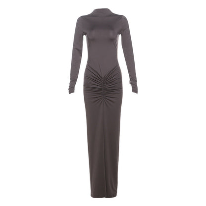 Autumn Winter Sexy Slimming Beam Waist Solid Color Maxi Dress Pleated Dress Women by Ragazza