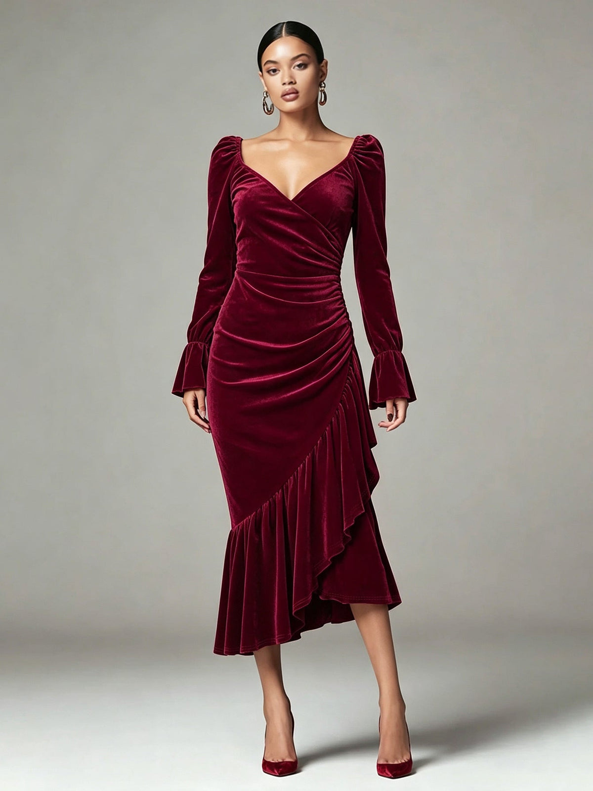 Women Clothing Velvet V neck Dress Autumn Winter Waist Slimming Irregular Asymmetric Fishtail Hip Wrapped Mid Length Dress  DestGlow