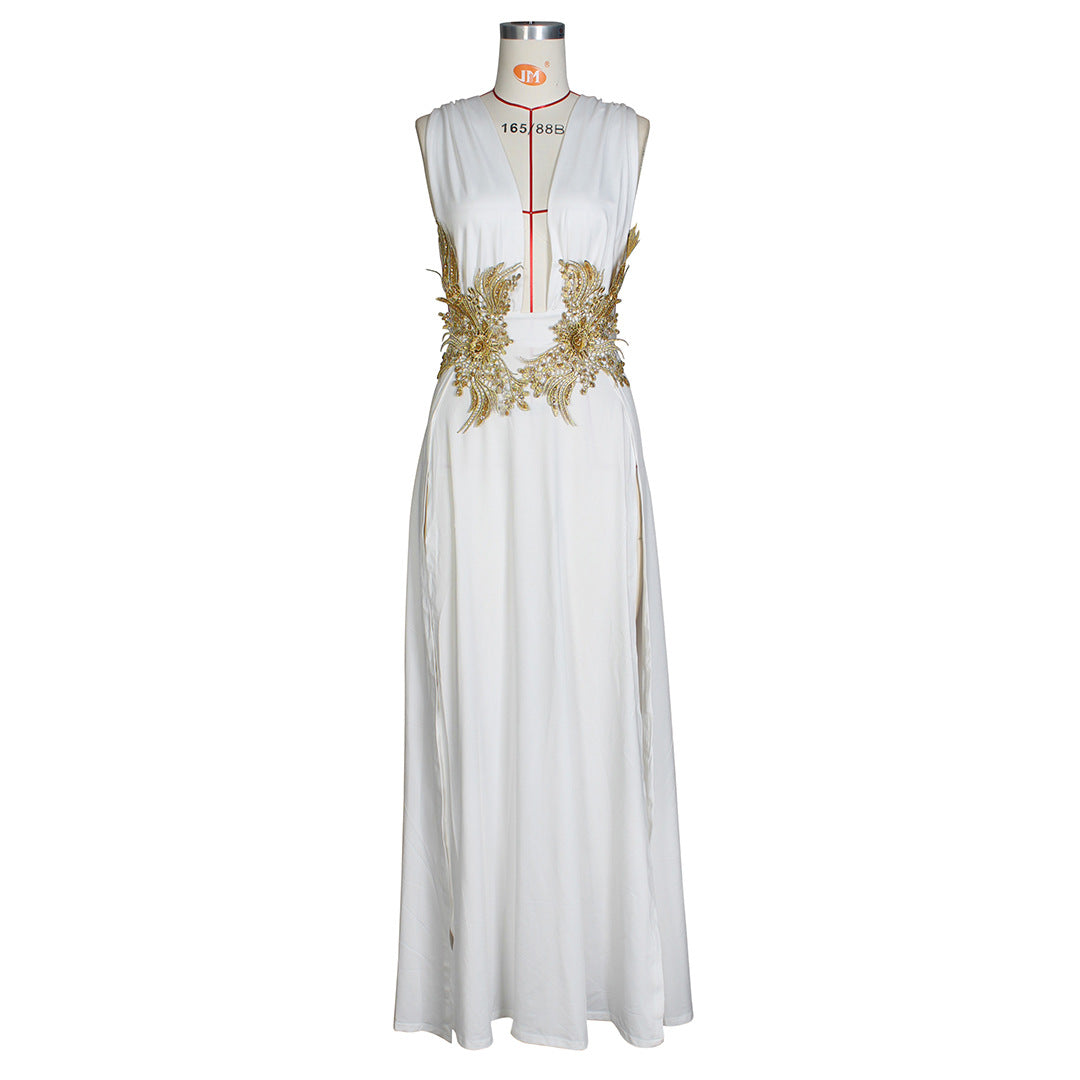 New Ladies Maxi Dress Sexy Fashion Wedding Evening Dress Deep V Plunge Plunge High Slit Part Large Swing Mop Dress by Ragazza