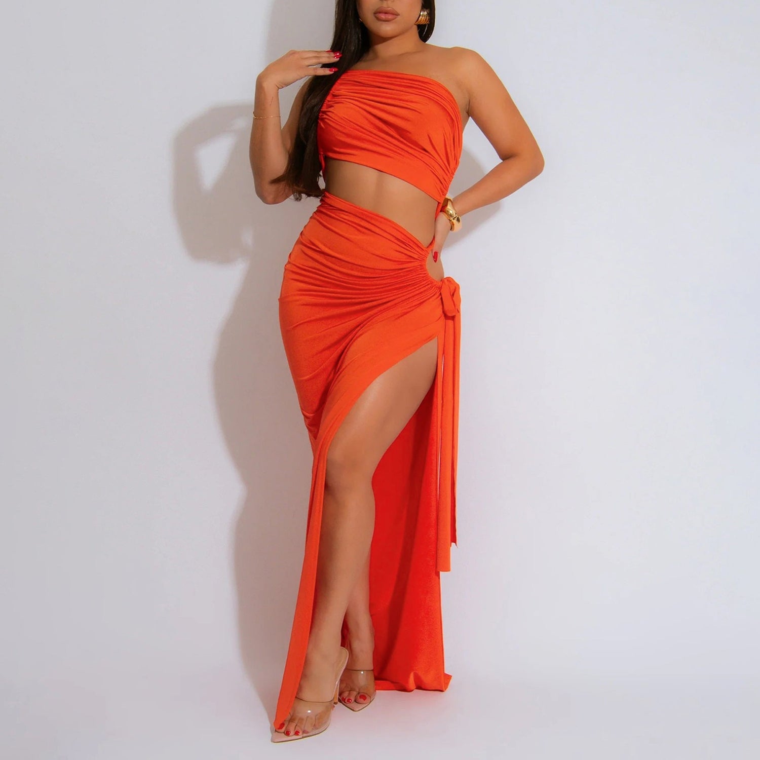 Supply Women Wear Solid Color Diagonal Collar Sexy Tube Top Split Dress by Ragazza