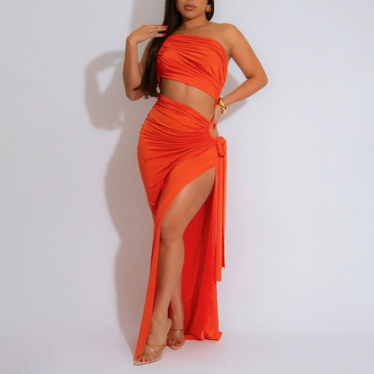 Supply Women Wear Solid Color Diagonal Collar Sexy Tube Top Split Dress by Ragazza