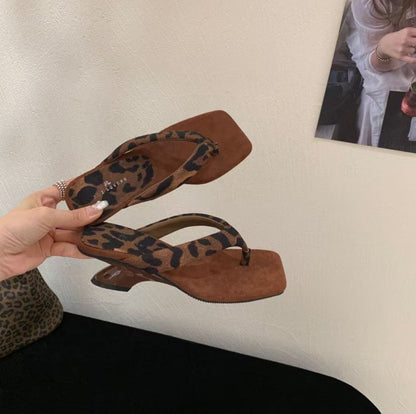 Leopard Print Wedge Toe Square Toe Slippers Women Niche Profiled Heel with Sandals  DestGlow