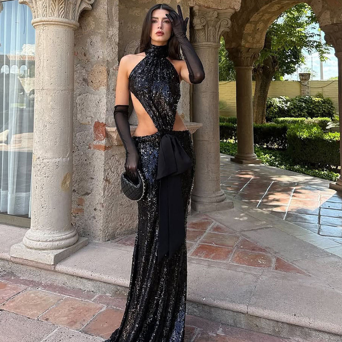 Autumn Winter Sexy Backless Hollow Out Cutout out Stitching Maxi Dress Elegant Sequ Dress by Ragazza